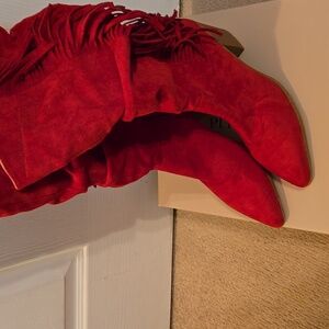 Journee Collection Red Suede-Like Fringe Boots